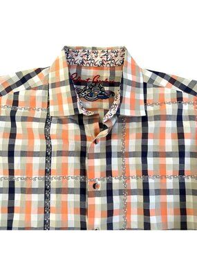 Robert Graham Men's Sz XL Salmon Blue Plaid Checkered Long Sleeve Button-Down